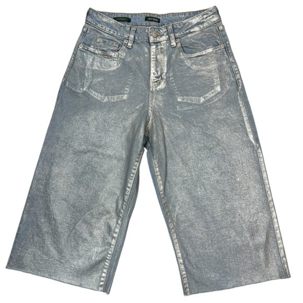 Coated Metallic Wide-Leg Baggy Jeans Sz 6R Raw Hem Cutoffs Gaucho‎ Culottes Boho